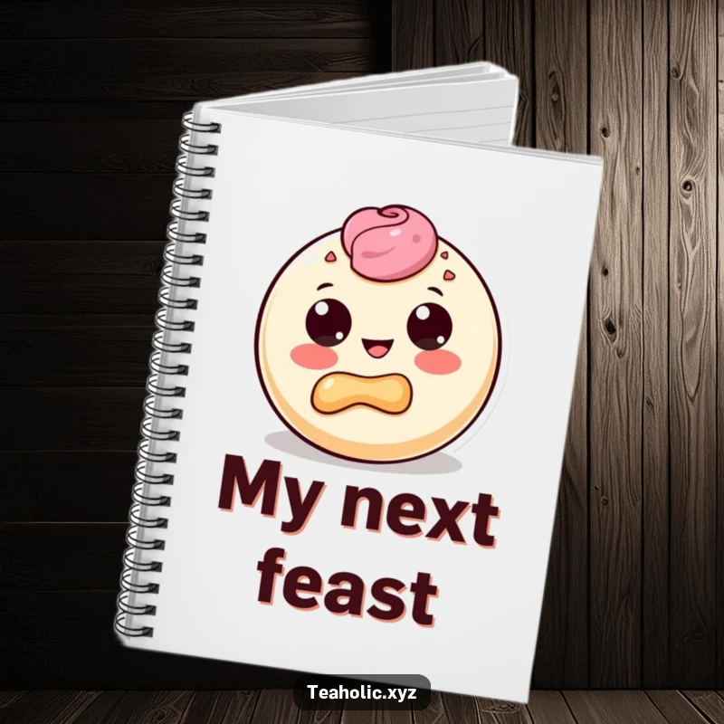 Funny notebook with a round pastry character happily taking a big, delighted bite out of its own doughy body.