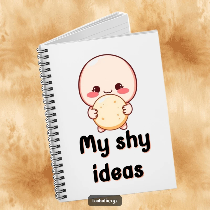 Funny shy macaron character blushing while offering a sugar cookie with both hands on a notebook cover.