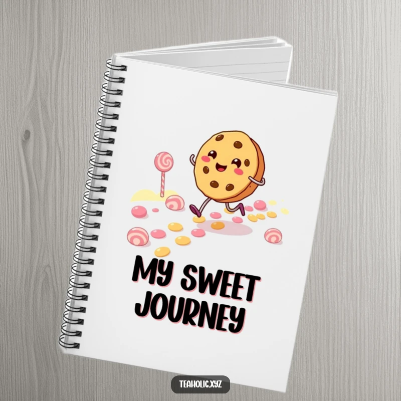 Funny Notebook with a cheerful cookie character skipping along a candy path, perfect for jotting down creative ideas and notes.