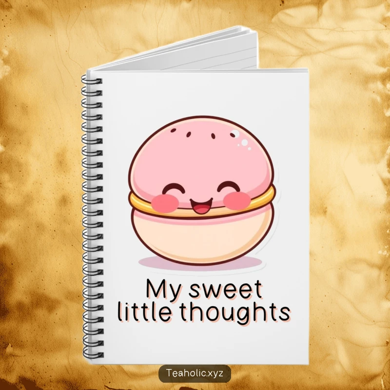 Funny notebook with a cute macaron character with rosy cheeks, beaming happily, perfect for jotting down sweet thoughts.