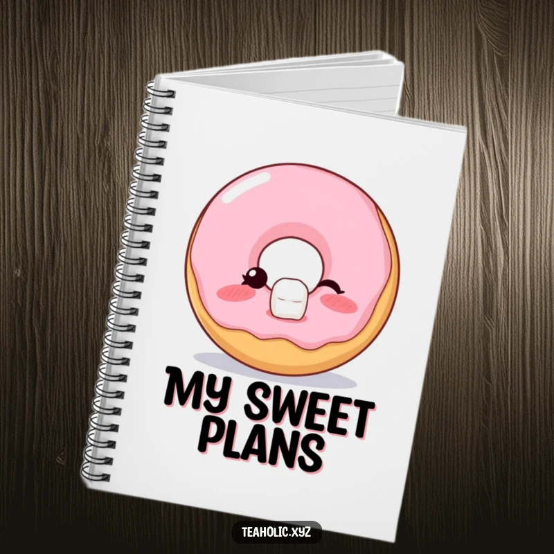 Funny Notebook with a blushing donut winking and balancing a sugar cube, perfect for jotting down creative ideas and notes.