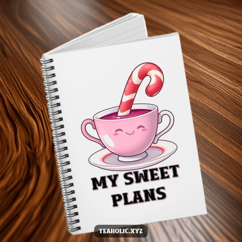Funny candy cane smiling while dipping into a swirling teacup, on the cover of a humorous notebook.