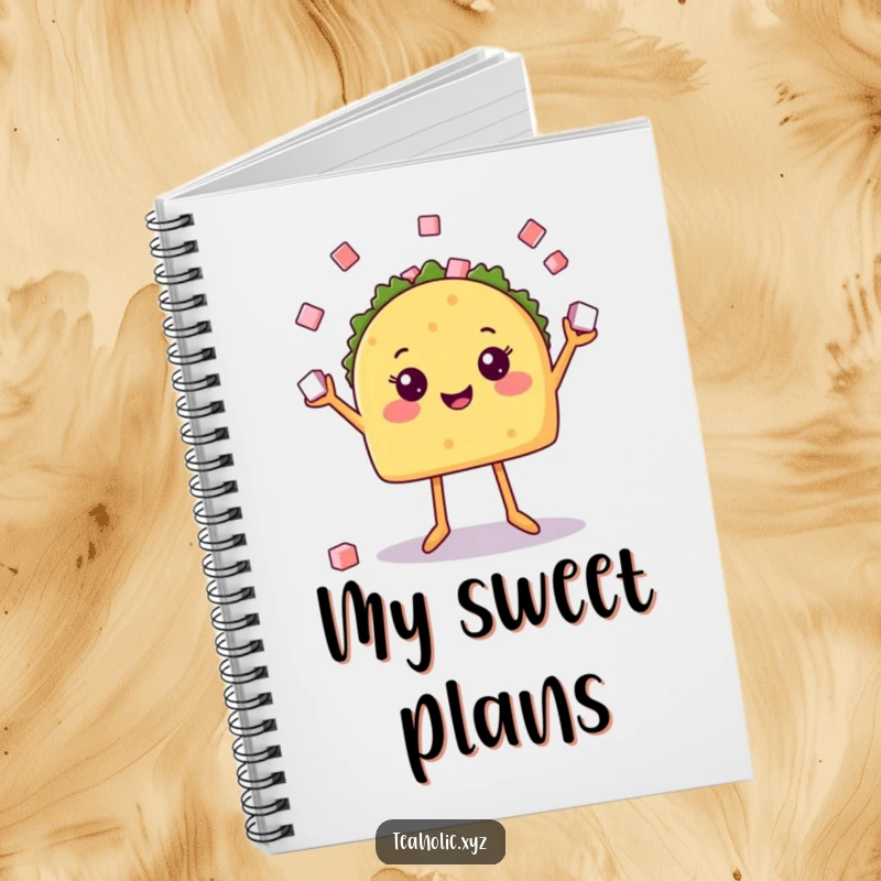 Funny notebook featuring a happy taco with legs juggling sugar cubes, inspiring playful thoughts and creative writing with its festive design.