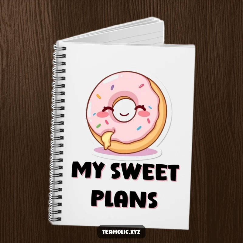 Funny notebook with a happy donut with a bite taken out, winking cheekily, ideal for writing.