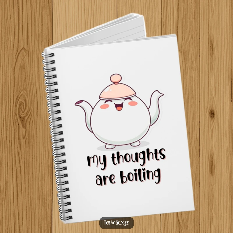 Funny notebook featuring a cheerful teapot character bobbing with overflowing joy.
