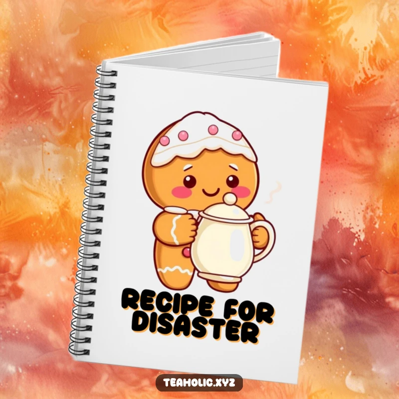 Funny gingerbread character with a steaming teapot on a notebook cover, perfect for jotting down holiday ideas.