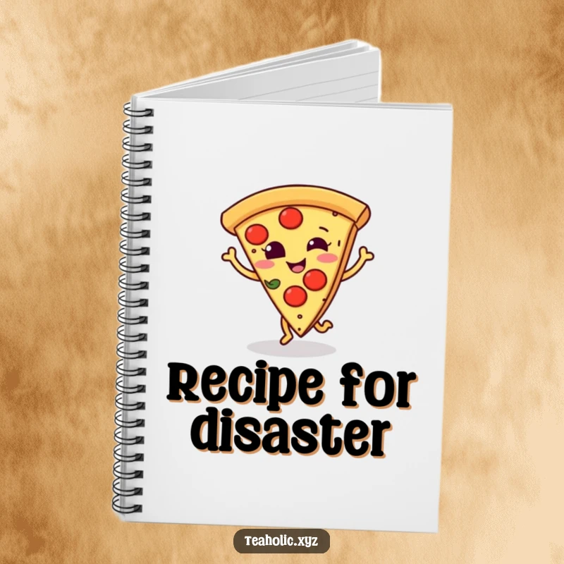 Funny notebook with a smiling pizza slice doing a little dance step, perfect for jotting down delicious ideas.