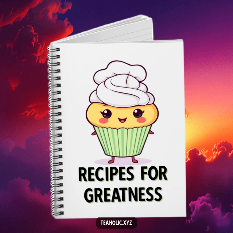 Funny proud cupcake character wearing a tiny chef hat on the cover of a lined notebook.