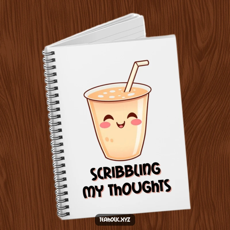Funny notebook with a smiling tea cup and a tiny straw wiggling joyfully, perfect for jotting down thoughts and ideas.