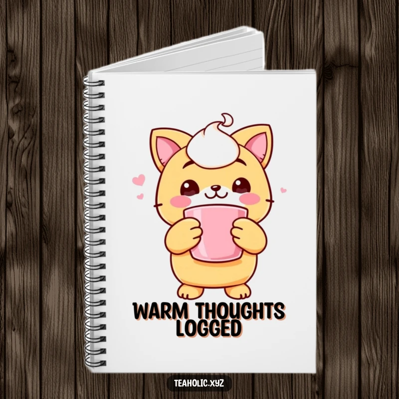 Funny notebook featuring a cheerful scone character holding a steaming mug with both paws, looking warm and inviting.