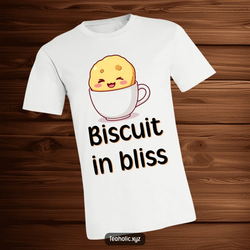 Funny t-shirt showcasing a winking biscuit with a broad smile floating contentedly in a mug, embodying playful joy.