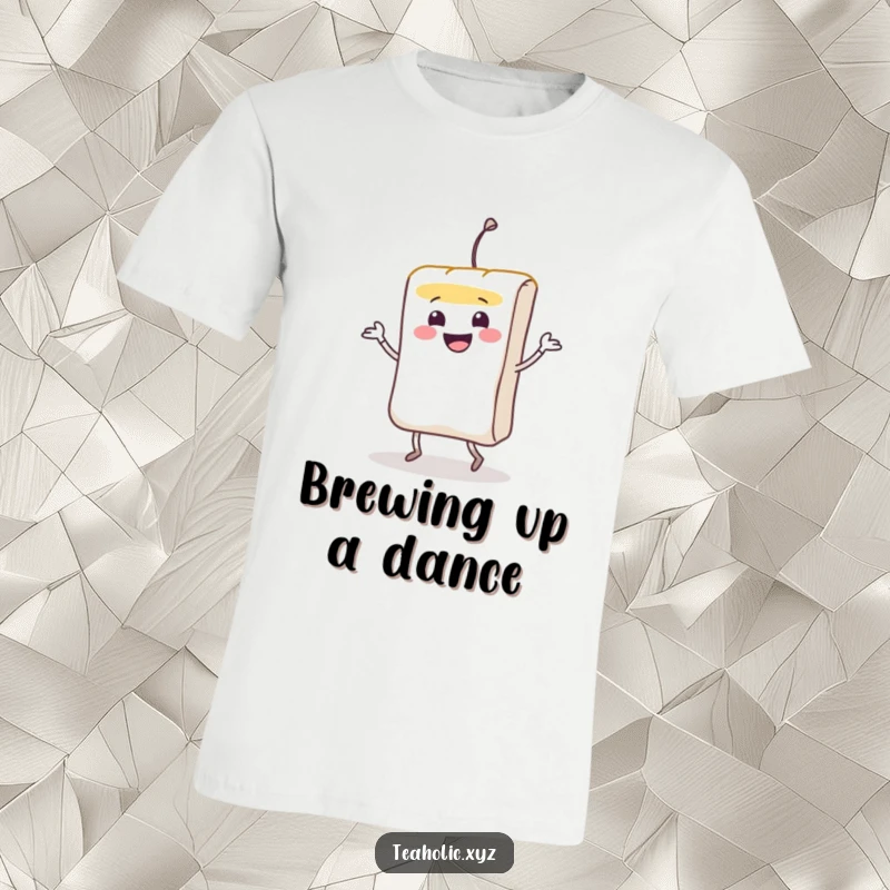Funny smiling teabag character doing a lively jig on a comfortable, soft t-shirt.