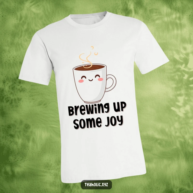 Funny coffee cup t-shirt featuring a charming smiling coffee cup with steam art, ideal for casual wear.