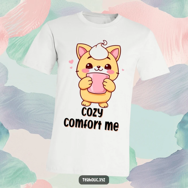 Funny t-shirt featuring a cheerful scone character embracing a steaming mug with both its cute paws, looking content.
