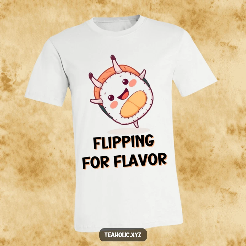 Funny t-shirt featuring a grinning sushi roll executing a lively somersault, radiating pure joy and a love for playful activities.
