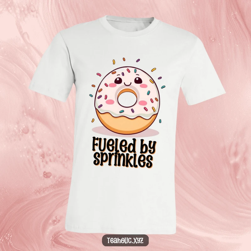 Funny donut character joyfully raining sprinkles down on a comfortable, wearable t-shirt.