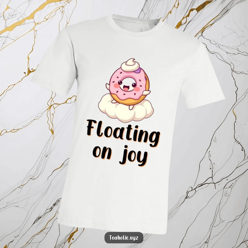 Playful bubbly donut character, mid-bounce on a dreamy whipped cream cloud, radiating happiness.