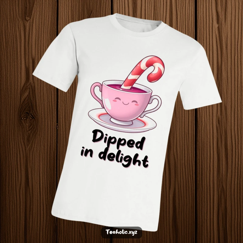 Funny candy cane character joyfully dipping into a swirling teacup, printed on a comfortable and humorous t-shirt.