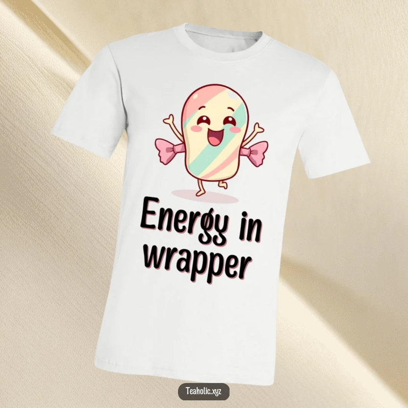Funny t-shirt of a cheerful candy with its wrapper dancing energetically, embodying a carefree and joyful spirit.