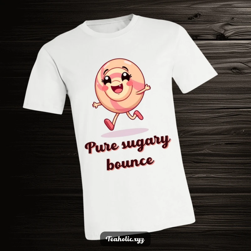 Funny t-shirt print of a smiling candy character joyfully skipping with a dynamic swirl of delight, full of energy.