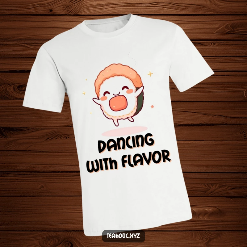 Funny sushi t-shirt depicting a charmed sushi piece performing a lively dance with ethereal tea steam, wonderfully whimsical and amusing.