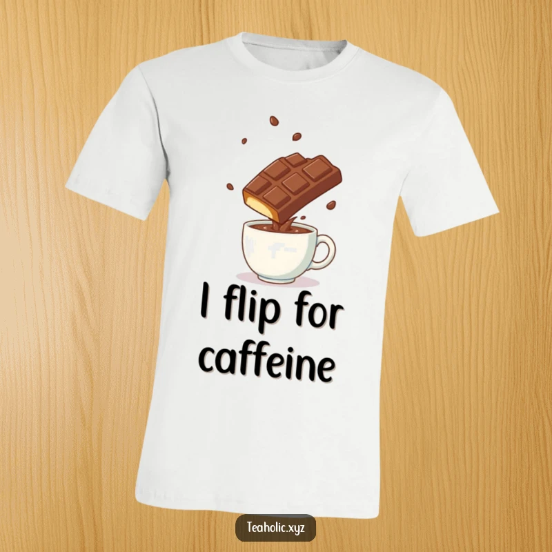 Funny playful chocolate bar performing a somersault over a steaming mug on a fun t-shirt.