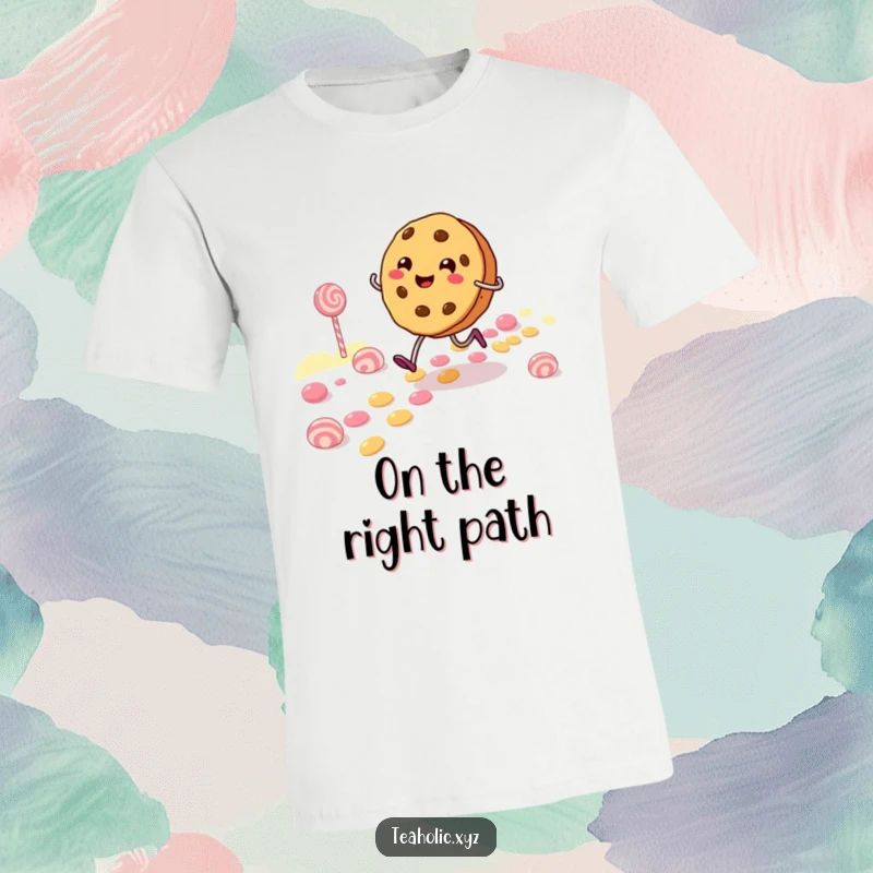 Funny T-Shirt showcasing a cheerful cookie character skipping along a vibrant candy path, embodying happiness and adventure.