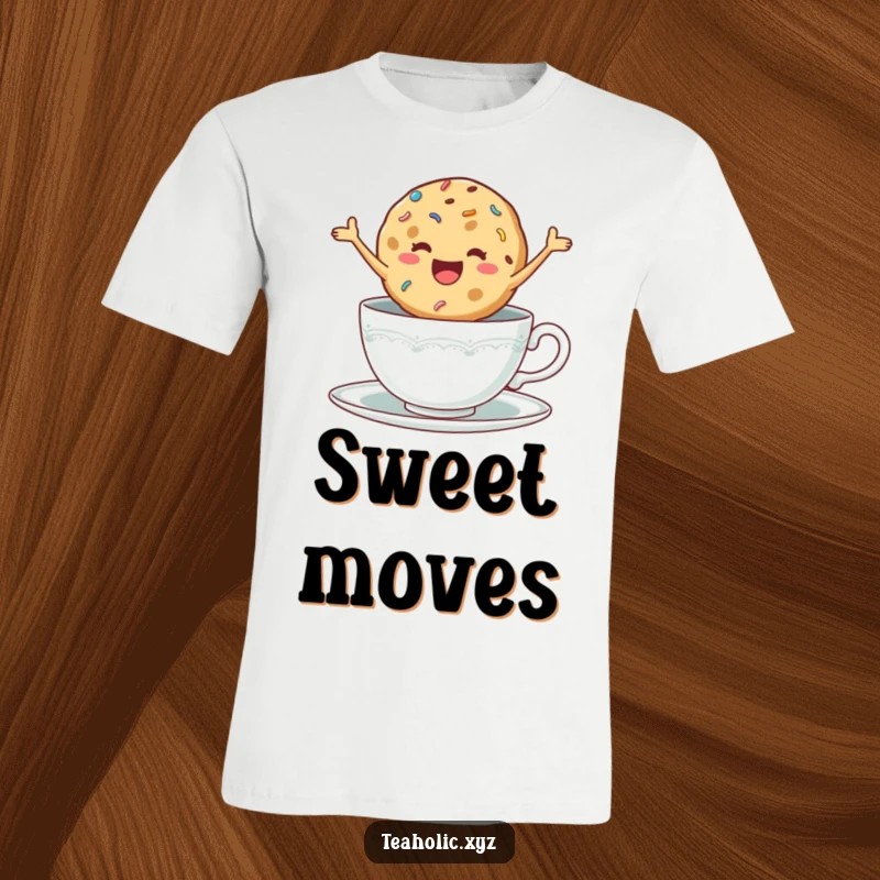 Funny t-shirt of a delighted cookie with sprinkles jumping excitedly in a teacup, celebrating sweet moments.