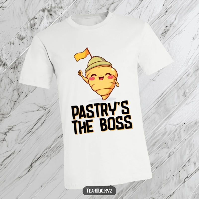 Funny T-shirt showcasing a giggling croissant in a jaunty cap, waving a flag with a cheerful spirit.