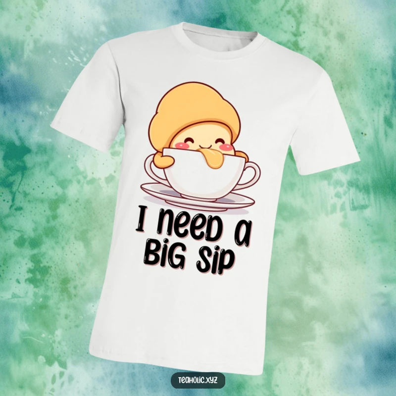 Playful croissant character, taking a satisfyingly large sip from a teacup, perfect for casual wear.