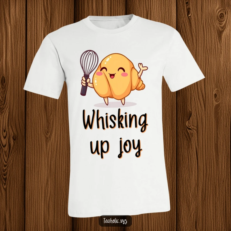 Funny t-shirt showcasing a cheerful croissant character with gusto waving a small whisk, radiating a love for baking and culinary adventures.