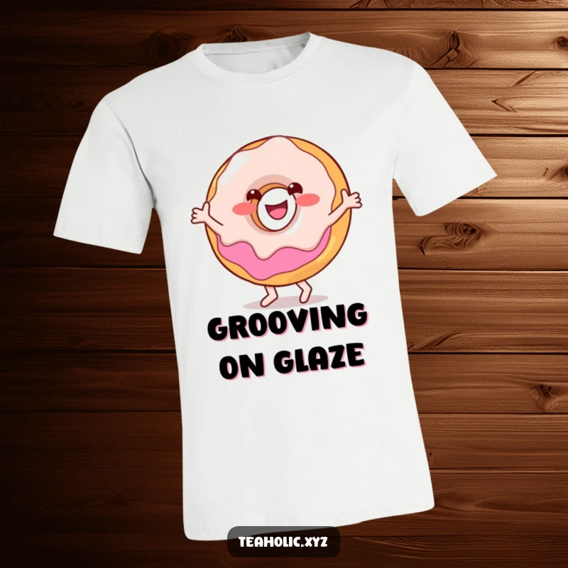 Funny t-shirt depicting a smiling donut character in mid-dance, with icing and colorful sprinkles, radiating happiness.