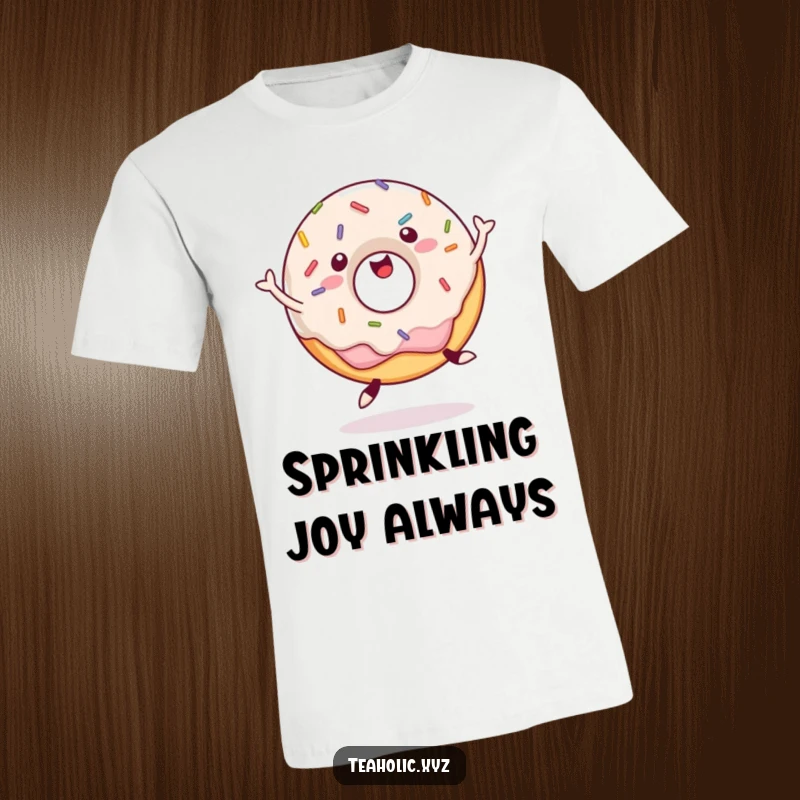 Funny T-Shirt showcasing a happy donut covered in sprinkles, captured mid-jump with infectious, energetic joy.