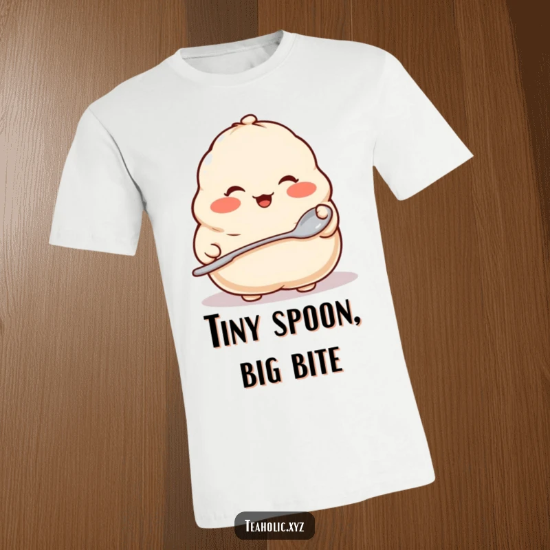 Funny t-shirt of a proud dumpling with rosy cheeks holding a tiny spoon, exuding confidence and a love for good food.