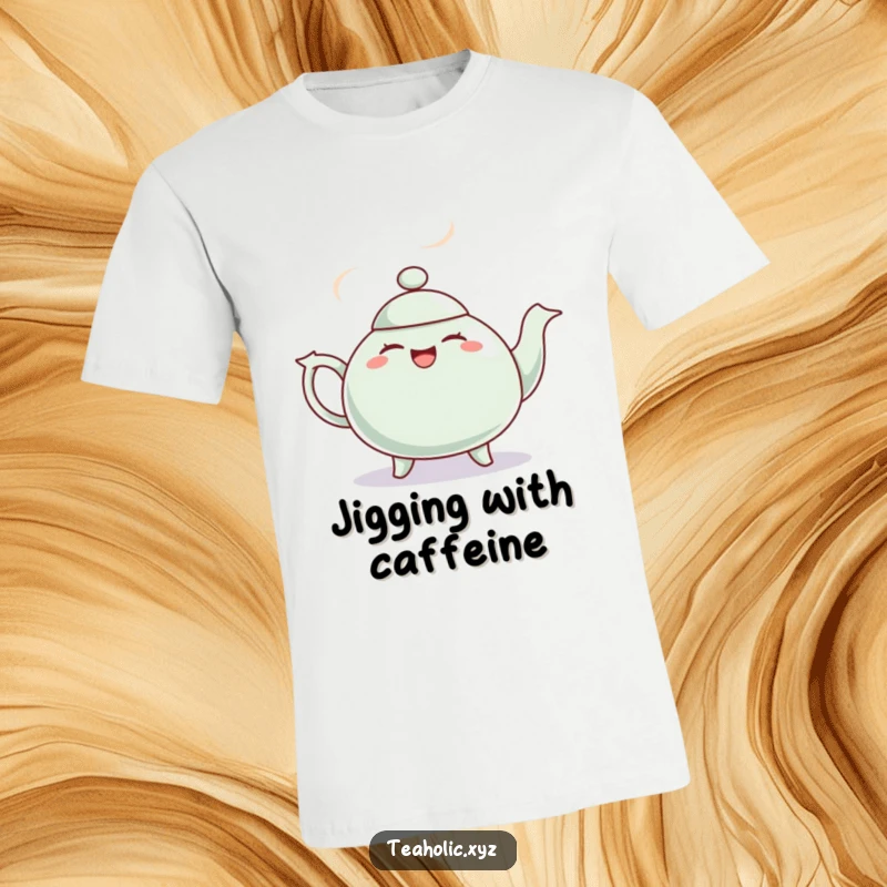 Funny t-shirt depicting a giggling teapot with steam puffs doing a lively jig, celebrating movement and good humor.