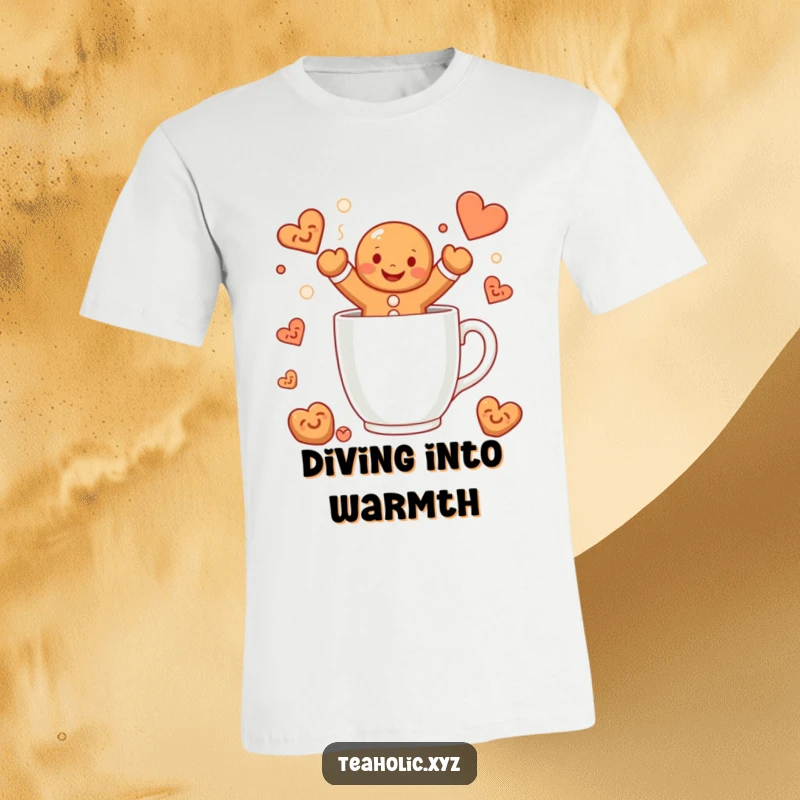 Funny gingerbread man t-shirt depicting a smiling character happily jumping into a steaming mug, a humorous holiday-themed graphic.