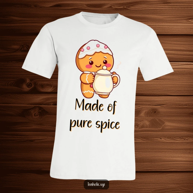Funny gingerbread character with a smile holding a steaming teapot on a festive tee shirt, celebrating holiday cheer.