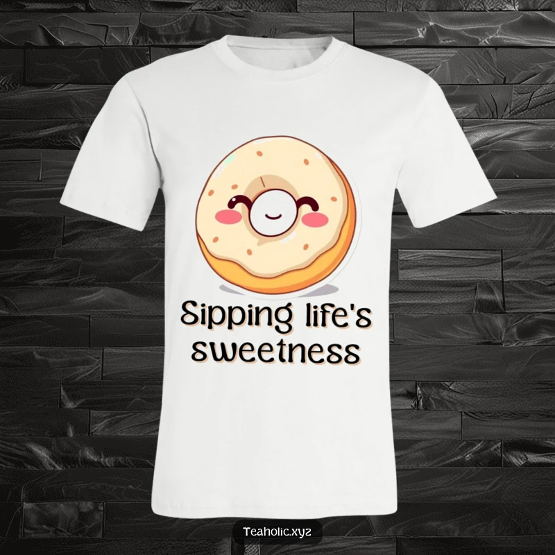 Funny Donut T-Shirt: A wobbly donut with a wide smile enjoys a big sip, looking utterly content and happy.