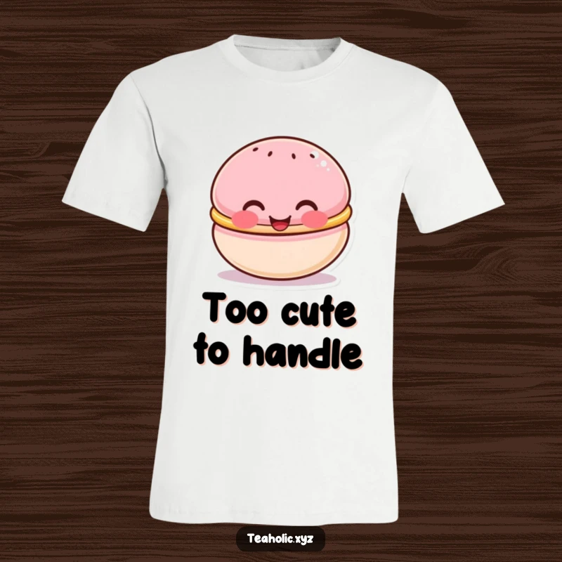 Funny t-shirt featuring a cute macaron character with rosy cheeks, beaming happily, symbolizing sweet joy.