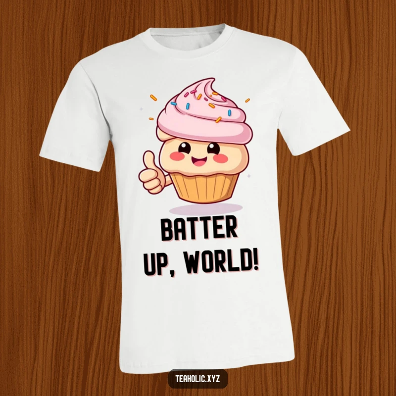 Funny Muffin T-Shirt: Cheerful character giving a thumbs up with sprinkles flying, a hilarious and vibrant design.
