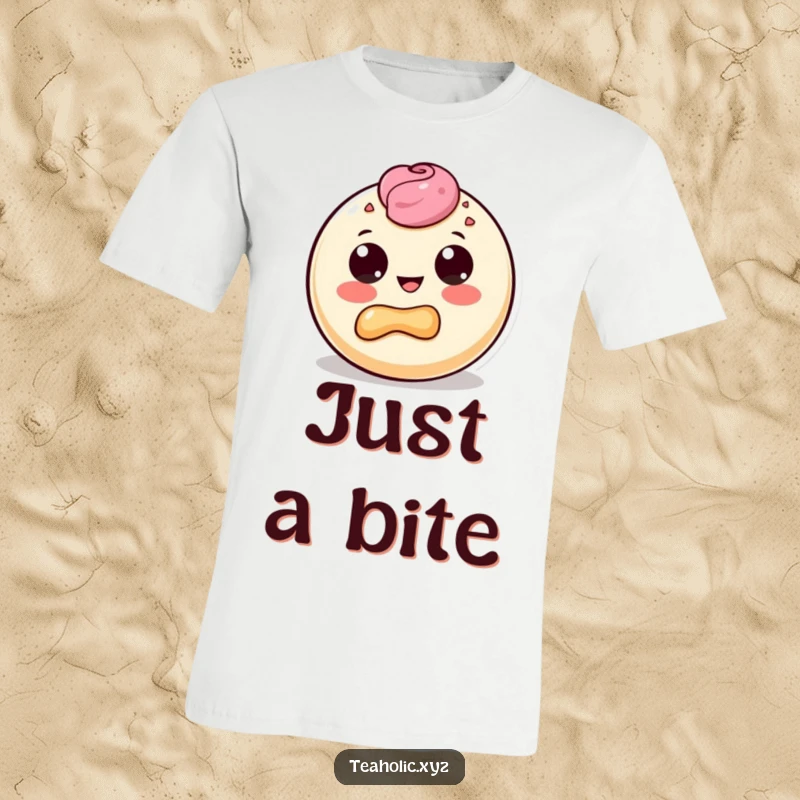 Funny t-shirt featuring a round pastry character with large dot eyes blissfully enjoying a delighted bite of its own doughy form.