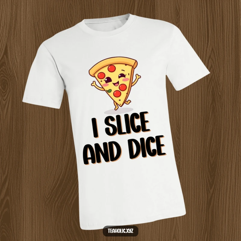 Funny t-shirt featuring a smiling pizza slice doing a little dance step, perfect for pizza party fun.