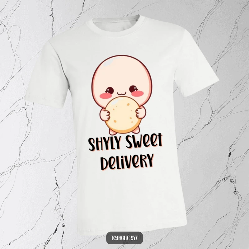 Funny blushing macaron character shyly presenting a sugar cookie with both hands on a comfortable T-shirt.