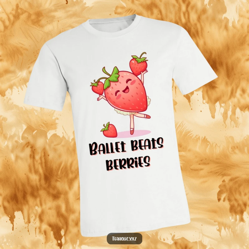 Funny strawberry ballet t-shirt with a joyful fruit doing a pirouette, ideal for a funny gift.