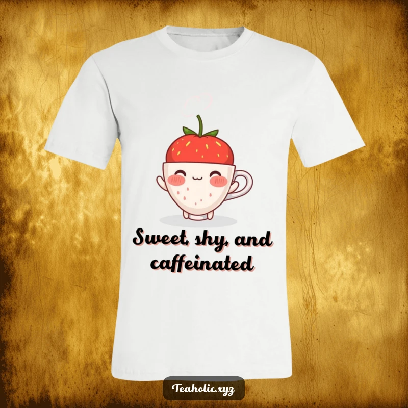 Funny blushing strawberry offering a steaming cup with a shy smile, printed on a comfortable and humorous t-shirt.