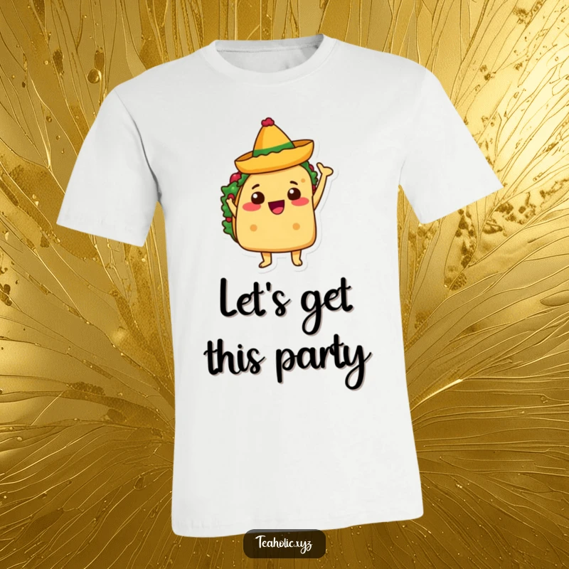Funny t-shirt featuring a taco character joyfully waving a tiny sombrero, perfect for fiesta celebrations.