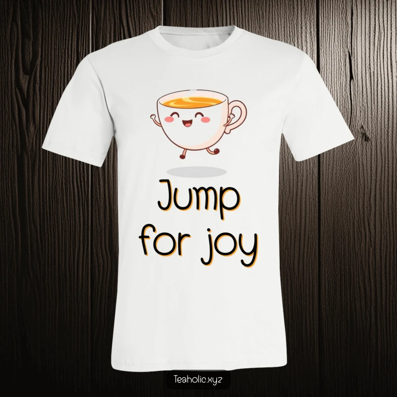 Funny T-Shirt showcasing a smiling tea cup mid-jump with swirling steam, embodying happiness and a love for tea.