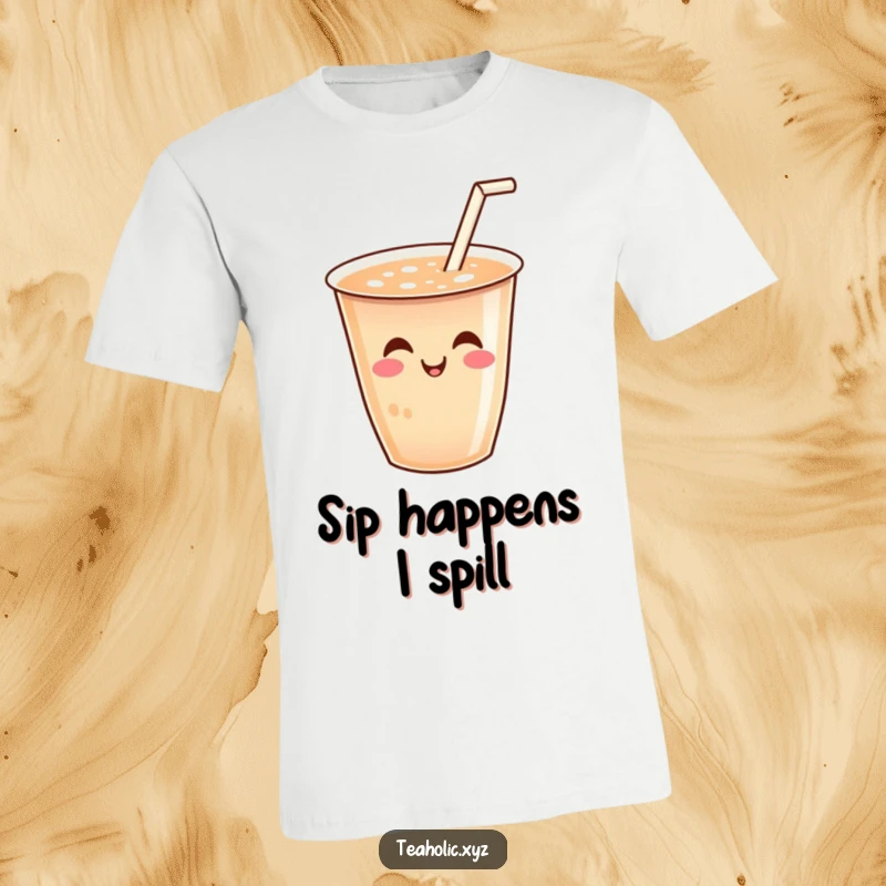 Funny t-shirt showcasing a smiling cup of tea with a tiny straw wiggling joyfully, perfect for tea lovers.