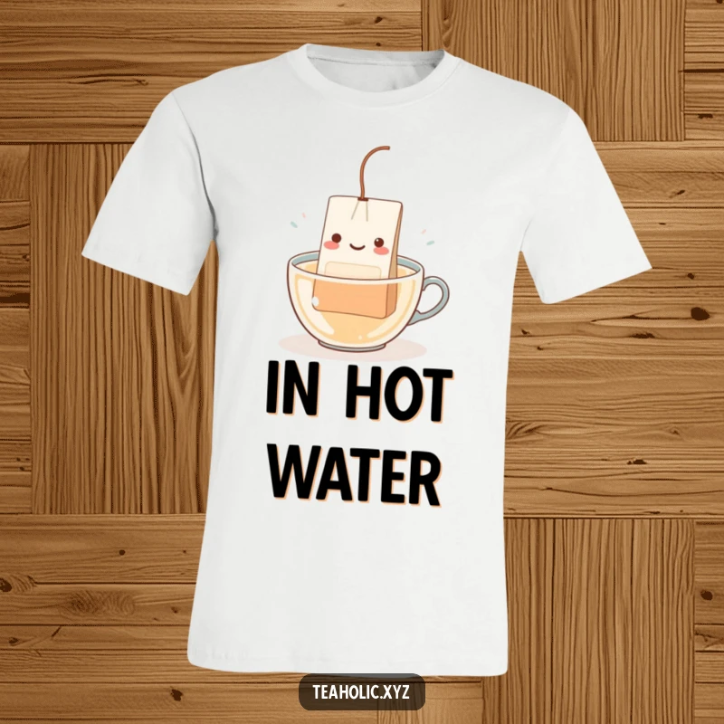 Funny Teabag Character T-Shirt: A happy teabag with a string happily submerging itself in hot water.