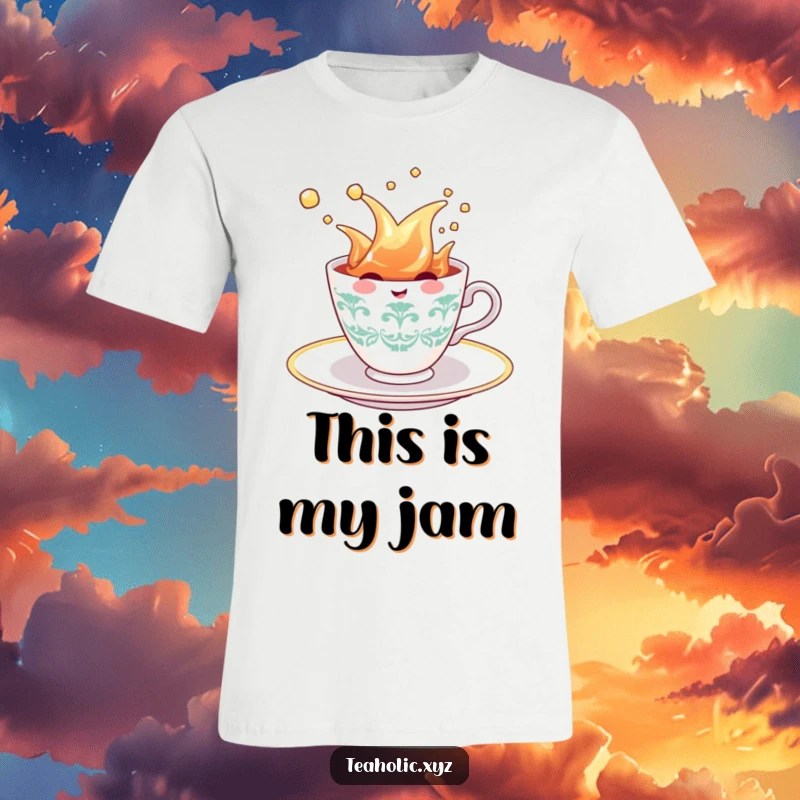 Funny Teacup T-Shirt: A happy teacup character gleefully splashing water in a tea saucer, radiating contagious joy and energetic fun.